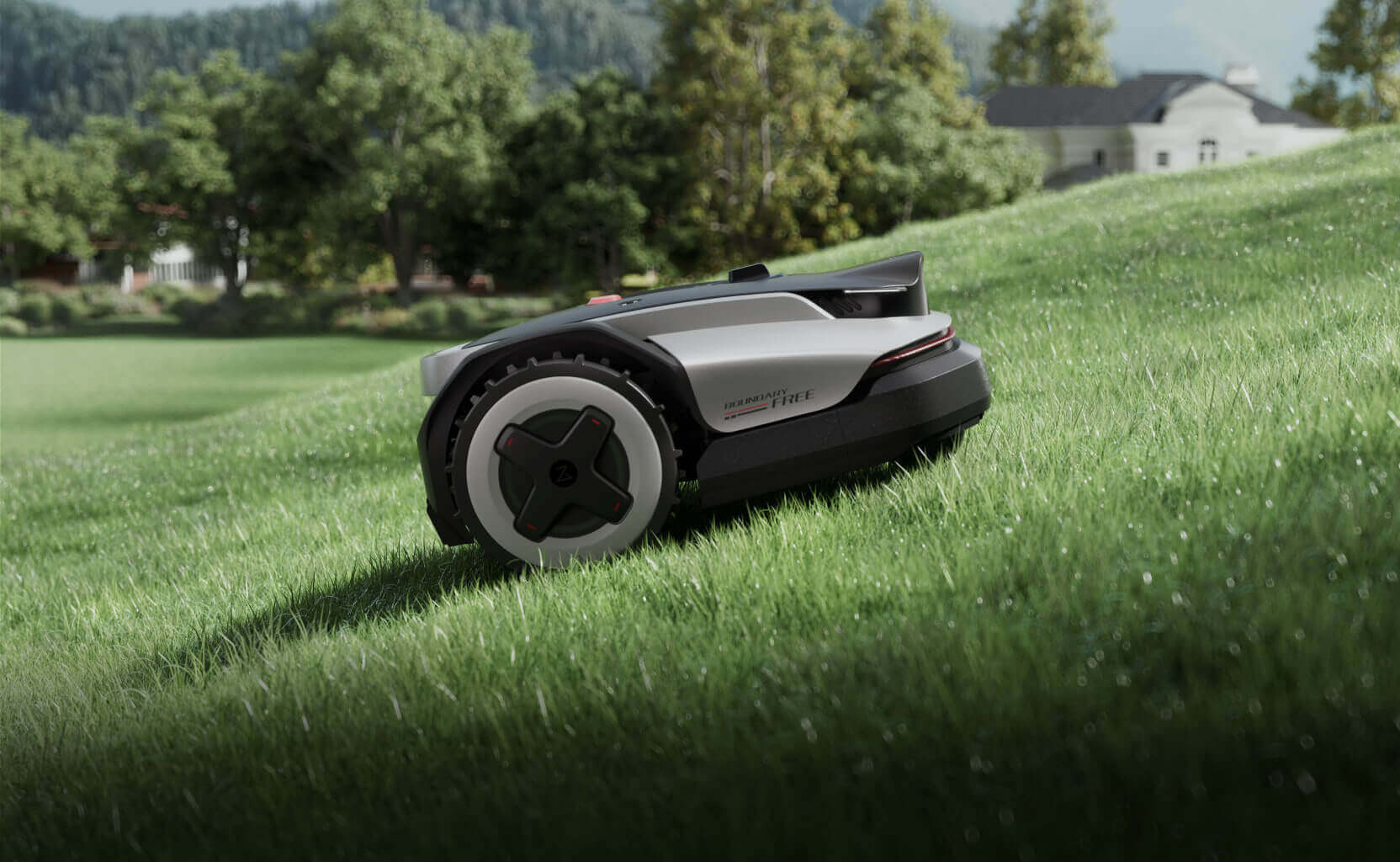 Roborock RockNeo Q1 med košnjo na nagnjeni zelenici