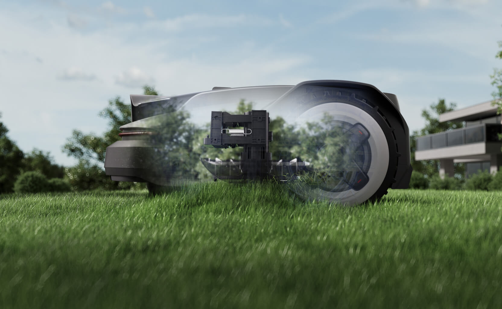 Roborock RockNeo Q1 s prilagodljivim kosilnim ohišjem med košnjo