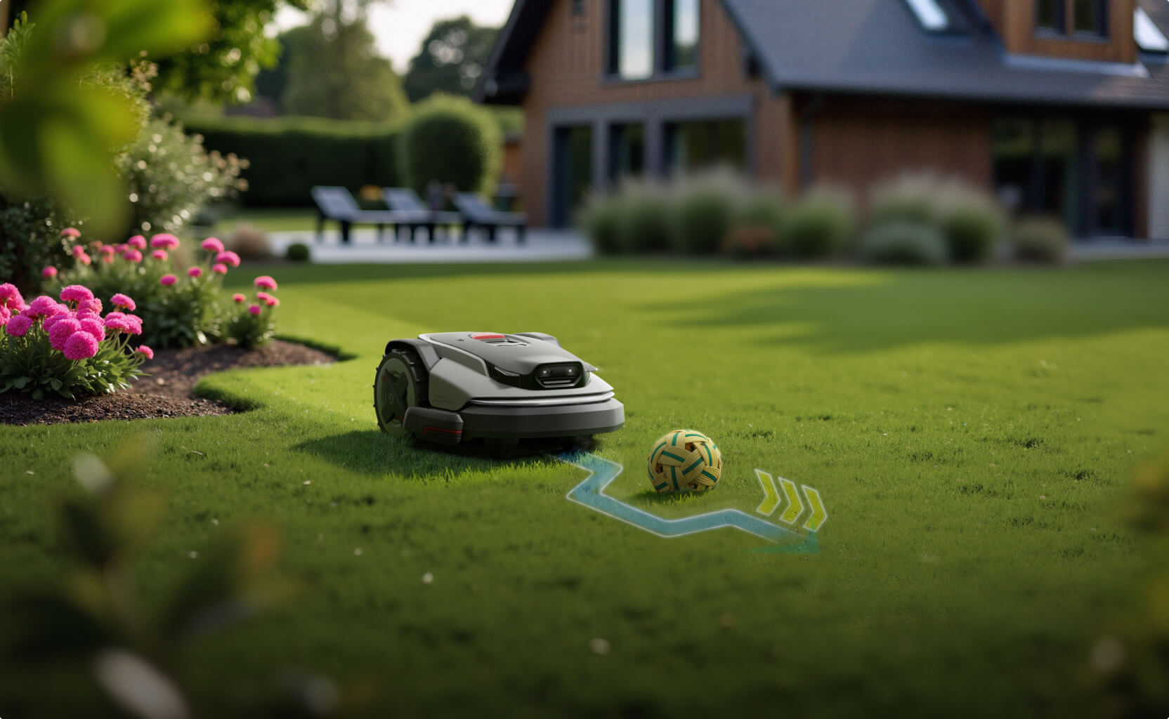 Roborock RockMow S1 med košnjo prepozna statično oviro na trati in jo obvozi